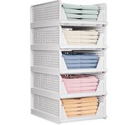 LARGE 26.0L | H18.5cm | 5 Pack Stackable Wardrobe Storage Drawers - L43×W33×H18.5 cm each - Foldable Plastic Closet Organiser Baskets for Bedroom Bathroom Kitchen - Space-Saving Foldable Design, White