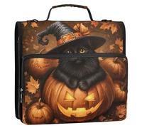 Large 3 Ring Binders 1.5 Inch D Ring Pumpkin Black Witch Cat Zipper Binder Organizer Multi Pockets Large Portfolio Folder School Binders Bag with Shoulder Strap