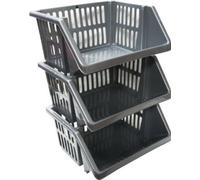 Large 3 Tier Stacking Baskets Storage Veg Rack Plastic Stackers 35cm (Silver)