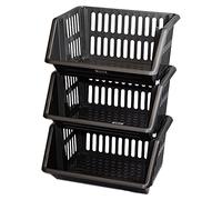 Large 3 Tier Stacking Baskets Storage Veg Rack Plastic Stackers, Black, Length 35.5 cm x Depth 30 cm x Height 17.5 cm (Black)