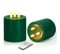 Large 3 Wick Flameless Candles, 4"x4" Flickering LED Candles with Remote & Timer, Dimmable Real Wax Electric Pillar Candles Battery Operated, Green Candles Light for Home Christmas Decor (Green 2PC)