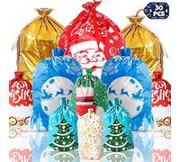 Large 30pc Christmas Wrapping Bags - 7 Designs & 6 Sizes - Drawstring Gift Bags for Presents & Party Decoration