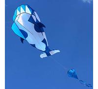 Large 3D Dolphin Kite 120x215cm Frameless Soft Parafoil with Easy Grip Handle Spool and Long Tails for Beach Flying (Blue and white)