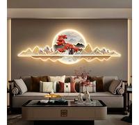Large 3D Metal Wall Art Sculpture, Modern Chinese Feng Shui Home Decor with Wireless Remote Control LED Lamp, Wall Artwork for Living Room(B,47.2 * 15.7in)