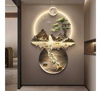 Large 3D Metal Wall Art Sculpture, Traditional Chinese Feng Shui Home Decor with Wireless Remote Control Light, Modern Wall Art Decoration for Living Room(A,47.2 * 31.4in)