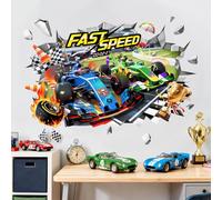 Large 3D Racing Car Wall Stickers Break Through Hot Wheels Wall Art Decals