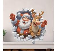 Large 3D Santa Claus Christmas Wall Stickers, Wall-Breaking Cute Santa Claus WallStickers, Removable Winter Holiday Xmas Break Through WallArt for Kids Bedroom Playroom Decor