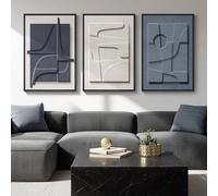 Large 3D Textured Framed Blue and White Abstract Wall Art, 3 Piece Modern Artwork for Walls, Minimalist Navy Blue Geometric Paintings for Living Room, Bedroom, Dining Room, Office Wall Decor 20x30 In