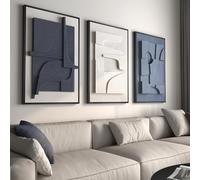 Large 3D Textured Framed Blue and White Abstract Wall Art for Living Room, 3 Piece Modern Artwork for Walls, Minimalist Navy Blue Geometric Paintings for Hallway, Stair, Office Wall Decor 24x36 In