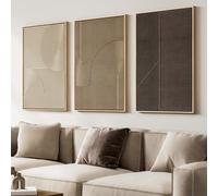 Large 3D Textured Framed Boho Neutral Abstract Wall Art for Living Room, 3 Piece Modern Artwork for Walls, Minimalist Beige Brown Tan Geometric Paintings for Hallway, Stair, Office Wall Decor 24x36 In