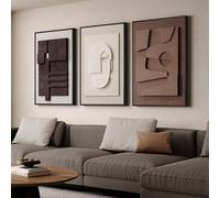 Large 3D Textured Framed Neutral Abstract Wall Art for Living Room, 3 Piece Modern Artwork for Walls, Minimalist White and Brown Geometric Wall Paintings for Hallway, Stair, Office Wall Decor 24x36 In