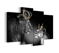 Large 4 Panel Wall Decor The Lion King and Queen with Crown Wall Art African Wild Animals Canvas Prints Pictures Black and White Modern Giclee Framed Artwork for Master Room Ready to Hang 48x33inch