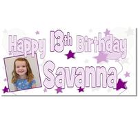Large 4ft Purple and Silver Personalised Happy Birthday Banner with Photo for Girls Women Boys or Men Customised with Any Name and Age for Her 10th 11th 12th 13th Teenager Party Decorations Sweet 16th