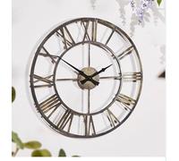 Large 50cm Skeleton Wall Clock - Metal Roman Numeral Open Face Design, Black Vintage Industrial Wall Clock with Black Hands, Battery Operated, Easy Hang Hook for Home and Outdoor Décor