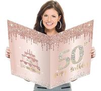 Large 50th Birthday Card With Envelope, Jumbo 50 Birthday Guest Book Greeting Cards for Women, Extra Big 50 Year Birthday Card Gifts Party Supplies,Pink Rose Gold Giant Happy 50 Birthday Card
