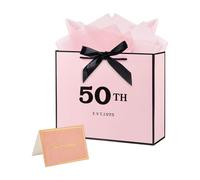 Large 50th Birthday Gift Bag With Tissue Paper - 12.6 × 4.3 × 10.6 Inches for Women and Men (Pink)