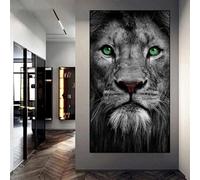 Large 5D DIY Full Round Drill Diamond Art Kits Black and White Lion Face Complete Diamond Painting Cross Stitch Crystal Diamond Embroidery Rhinestone Art Craft for Home Wall Decor (20x40cm/8x16in)