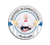 Large 75mm Personalised Boys Christening Baptism Day PHOTO Badge N60 *Select from 3 Backing choices - Pin Back/Magnet Back/Mirror Back