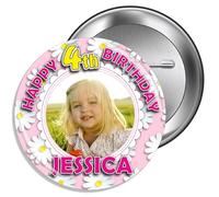 Large 75mm Personalised Girls Happy Birthday PHOTO Badge 1st 2nd 3rd 4th 5th 6th 7th N57 - Pin Back/Fridge Magnet
