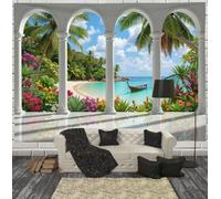 Large 80"X60" Soft Fabric Tapestry Wall Hanging | Classical Colonnade Landscape Tapestry Backdrop For Bedroom Blue-Green Tropical Forests Beaches Tapestries Wall Art For Living Room Yoga Decor