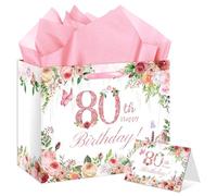 Large 80th Birthday Gift Bag Flower Happy 80th Birthday Decorations for Women with Card & Wrapping Paper 80th Bday Party Supplies for Women & Men 80 Years Old Party Favor for Celebration