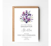 Large A4 Holy Communion Card Personalised A4 1st Communion Greeting Card Daughter Granddaughter Goddaughter Niece Son Grandson Godson Floral Cross #9