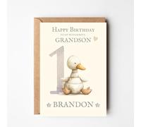 Large A4 Personalised 1st Birthday Card for Special Card for Son Grandson Brother Nephew Godson Vintage Plush Animal Ilustration For Boys Duck on Cream