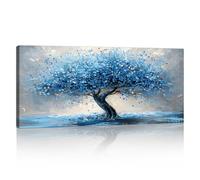 Large Abstract Blue Grey Blossom Trees Canvas Wall Art for Living Room, Framed Nature Trees Landscape Wall Paintings Pictures on Print Canvas Poster for Bedroom Office Room Decor Ready To Hang 120x50