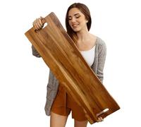 Large Acacia Serving Board with Handles, 36 x 12 Inch Rectangular Charcuterie Platter, Natural Wood Server for Meat, Cheese Board, and Party Appetizers, Extra Long 3ft, Light