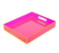 Large Acrylic Tray Ottoman Coffee Table Tray with Handles 17x13'' Decorative Serving Platter for Food Tea Dinner Snack Eating Bar Party, Neon Pink
