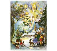 Large Advent Calendar 24 Doors 355 x 260 mm - Snowscene Children and Angels Woodland and Church - with Glitter and Translucent Windows - R704 - Traditional Antique German Design