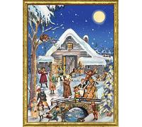 Large Advent Calendar 24 doors 355 x 260 mm - Victorian Snowscene Musicians on Bridge - with glitter and translucent windows - RS 70113 - traditional antique German Design