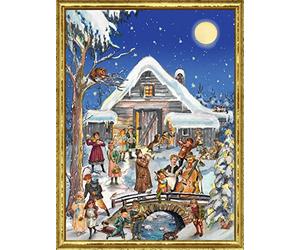 Large Advent Calendar 24 doors 355 x 260 mm - Victorian Snowscene Musicians on Bridge - with glitter and translucent windows - RS 70113 - traditional antique German Design