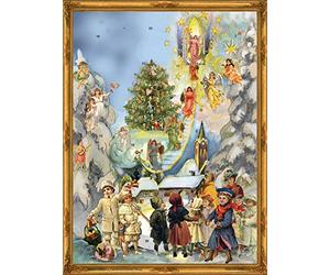 Large Advent Calendar 24 doors 355 x 260 mm - Victorian Snowscene Stairway to Heaven - with glitter and translucent windows - RS 70109 - traditional antique German Design