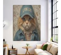 Large Aesthetics Style Painting Art Baseball Cap Orange Cat Pattern Beige Poster Canvas Painting, Living Room Wall Art Pictures Bathroom Home Decoratine Frameless (28x39in)