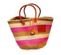 Large African Sisal Tote Bag // Shopping Beach Bag // Leather handles // Wild Animal motif // Naturals & Pink striped #14