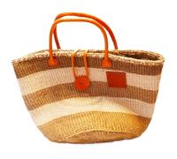 Large African Sisal Tote Bag // Shopping Beach Bag // Leather handles // Wild Animal motif // Naturals - striped #7