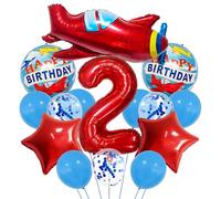 Large Airplane Red Number 2 Balloon Set,2nd Birthday Decorations,Flying Themed Party Supplies with Red Sky, Red Foil Number 2 Balloons for boys 2 year old birthday decorations Girls number 2 balloon
