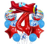 Large Airplane Red Number 4 Balloon Set,4th Birthday Decorations,Flying Themed Party Supplies with Red Sky, Red Foil Number 4 Balloons for boys 4 year old birthday decorations Girls number 4 balloon