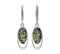 Large Amber Sterling Silver Earrings - Unusual Green Amber Fancy Dangly Drop Earrings - 070136
