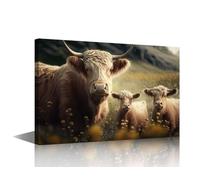 Large Animal Canvas Wall Art Highland Cattle in the Meadow With Yellow Flowers Pictures Posters for Living Room Home Office Hotel Farmhouse Vintage Style Decor Ready to Hang 1 Pieces (24"Wx36"H)
