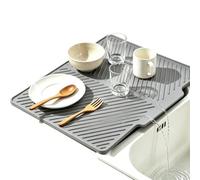 Large Anti-Slip Silicone Drying Mat for Kitchen Counter,Grey 37x26cm | Ribbed Design Speeds Drying, Heat Resistant & Non-Slip Dish Drain Pad with Built-In Drain, Hangable & Roll-Up for Storage