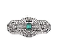 LARGE Antique Vintage Classic Art Deco Style Silver Tone Green Emerald Rhinestone Statement Bridal Wedding Brooch Pin