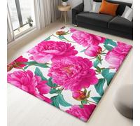 Large Area Rug for Living Room 160 x 230 cm White Soft & Comfortable Flannel Floormat, Watercolour Pink Peony Non-Slip & Machine Washable Carpet, for Bedroom Office & Hallway