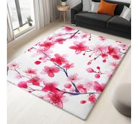 Large Area Rug for Living Room 180 x 240 cm White Soft & Comfortable Flannel Floormat, Watercolour Cherry Blossoms Non-Slip & Machine Washable Carpet, for Bedroom Office & Hallway