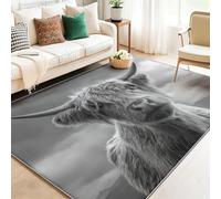 Large Area Rug for Living Room - Soft & Comfortable Flannel Floor Rug, Animal Highland Cattle Non-Slip & Machine Washable Carpet for Bedroom, Office & Hallway 80 x 150 cm Gray
