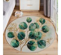 Large Area Rug Gold Foil Eucalyptus Leaves Short Pile Rug ∅ 120 Cm Watercolor Botanical Washable Non Slip Non-Shedding Circle Carpet, Home Living Room Bedroom Office Kitchen Mat, Emerald Green