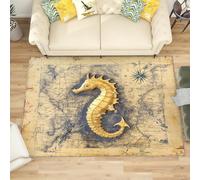 Large Area Rugs for Bedroom 120x180 cm, Vintage Nautical Chart Low Pile Carpets Living Room Non Slip Machine Washable Golden Seahorse Rug for Kitchen Dining, Hallway, Office Decoration