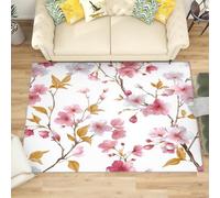 Large Area Rugs for Bedroom 140x200 cm, White Low Pile Carpets Living Room Non Slip Machine Washable Romantic Cherry Blossom Print Rug for Kitchen Dining, Hallway, Office Decoration