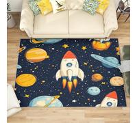 Large Area Rugs for Bedroom 180x240 cm, Cartoon Rocket Planet Print Low Pile Carpets Living Room Non Slip Machine Washable Blue Rug for Kitchen Dining, Hallway, Office Decoration